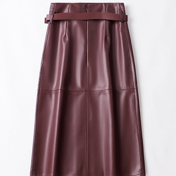 Burgundy Belted A-Line Slit Leather Skirt High Waist - Picture 3 of 8